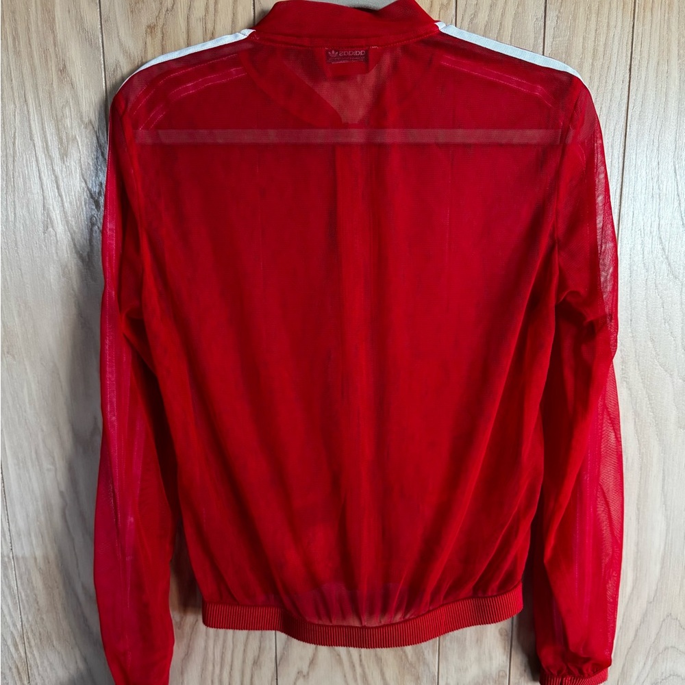 Adidas Women's Red Sheer Bomber Jacket with White Stripes - Picture 2 of 2